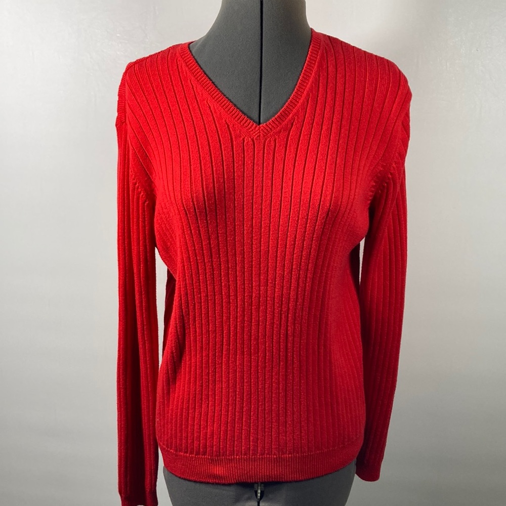 Jeanne Pierre V Neck 100% Cotton Long Sleeve Red Sweater Size M - Picture 1 of 8